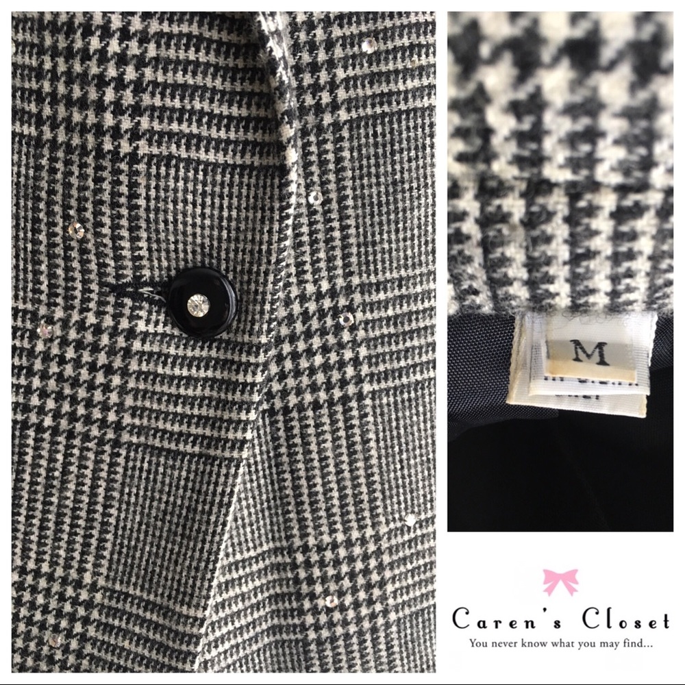 Vintage 1970 Black & White Plaid Rhinestone Blazer - Picture 5 of 6